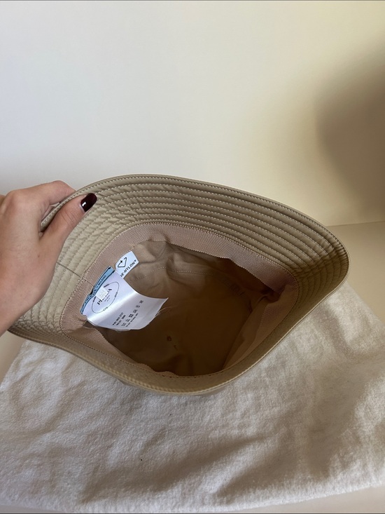 Prada Beige Nylon Bucket Hat with Triangular Logo Plaque
